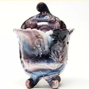 Imperial Glass Purple Slag Footed Covered Candy Jar 1960’s marbled pattern
